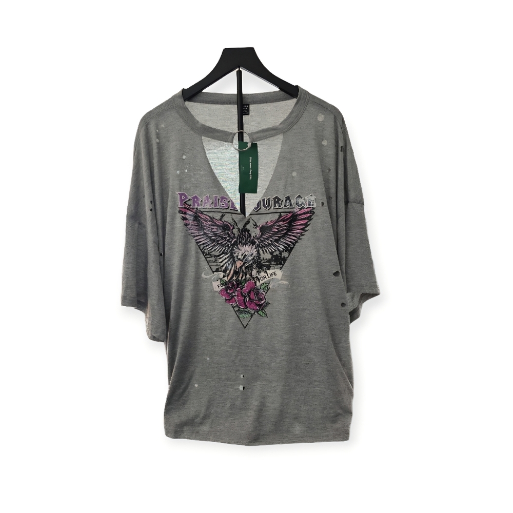 Shein Curve Grey Distressed Choker Neck Graphic Tee Size 4XL
